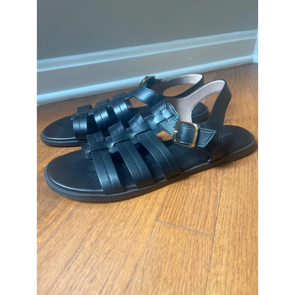 Cole Haan Flynn Fisherman Sandals Black Gold-tone Buckle Size 11